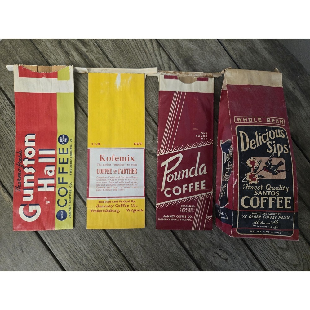 Lot Of 4 Vintage Paper 1 Lb Coffee Bags  Advertisement Pouncha Kofemix Santos